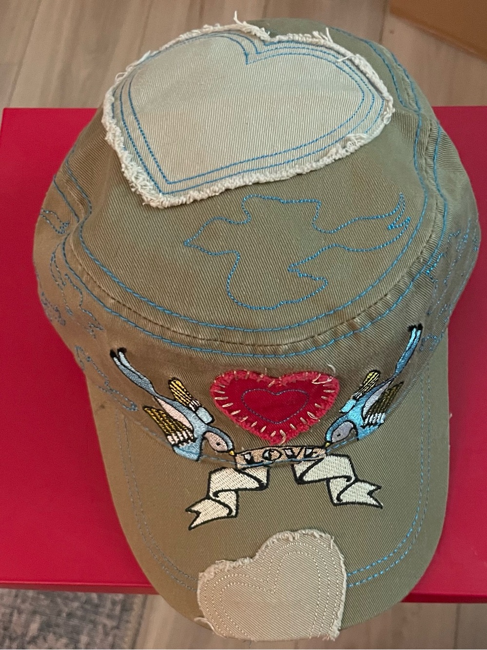 Adults Heart & Bird Embroidered Cap - Olive Green
